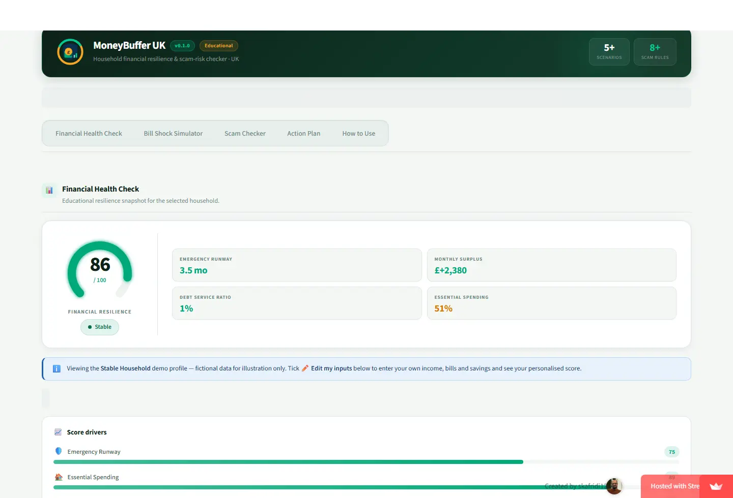 MoneyBuffer UK dashboard showing financial resilience score, emergency runway, monthly surplus and score drivers.